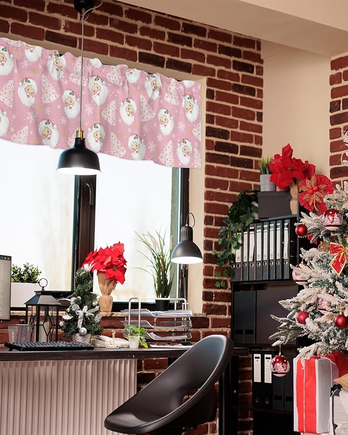 Pink Christmas Valance Curtains for Kitchen Windows Santa Claus Merry Christmas Tree Rod Pocket Window Treatment Toppers for Kitchen/Living Room/Bedroom/Bathroom, 54" X 18", Winter Snowflake