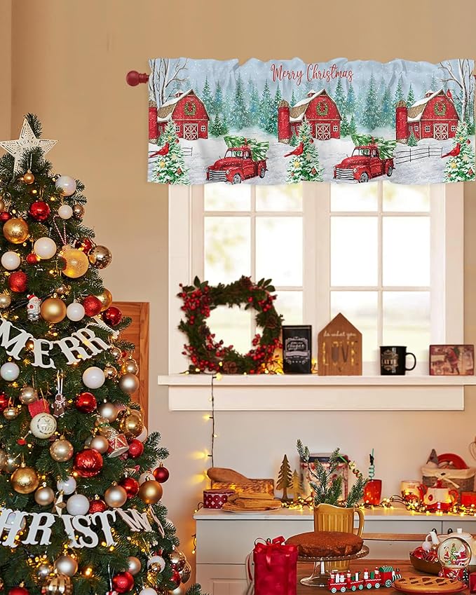 Red Truck Christmas Valance Curtains for Kitchen Windows Merry Christmas Farmhouse Rod Pocket Window Treatment Toppers for Kitchen/Living Room/Bedroom/Bathroom, 54" X 18", Winter Xmas Tree