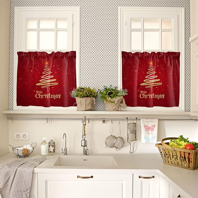 Christmas Tree Kitchen Curtains and Valances Set,Merry Xmas Red Window Treatments Tiers Winter Holiday Decor Semi Sheer Half/Short Curtains for Small Windows Cafe/Living Room/Bedroom 54x 36 in,3-Piece