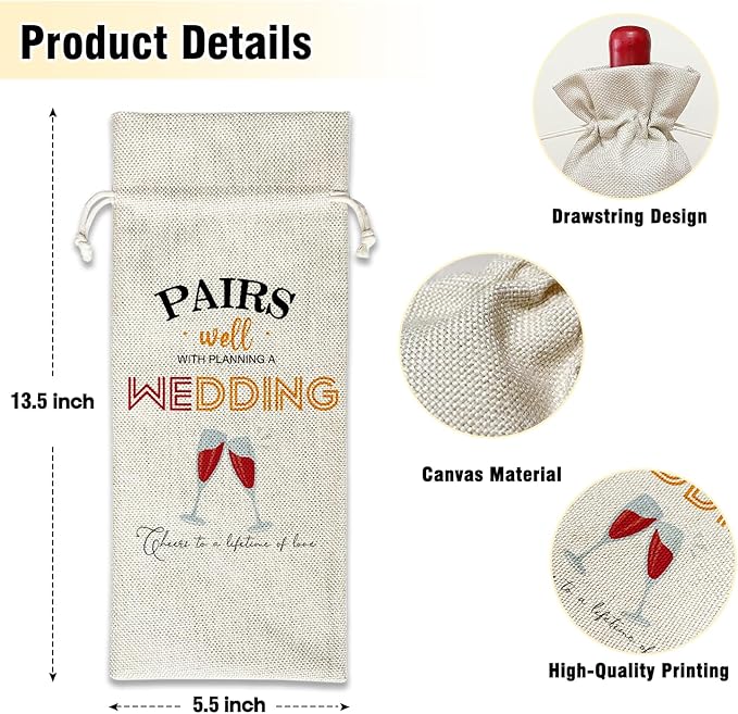 Wine Canvas Bag, Wedding Wine Gift Bag, Wedding Gift for Bestie Bride Groom Couples Wine Bags for Wine Bottles Gifts, Wine Gifts With Drawstring Wedding Engagement Bridal Shower Party Decoration -WB14