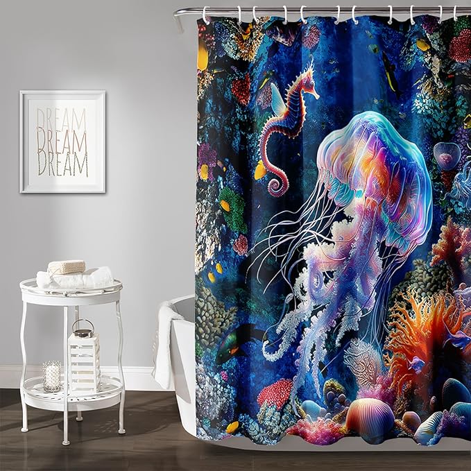 AILONEN Cartoon Jellyfish Shower Curtain,Underwater Animal Seahorses Style Bathroom Curtains Set for Kids,Girls,Ocean Theme Shower Curtains Set with Hooks for Bathroom,72" W*78" H
