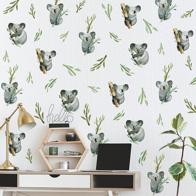 5 Sheets Cartoon Animal Wall Decal Removable DIY Koala Wall Decal Peel and Stick Branch and Leaves Wall Stickers Wall Art for Baby Nursery Bedroom Living Room Playroom Decor