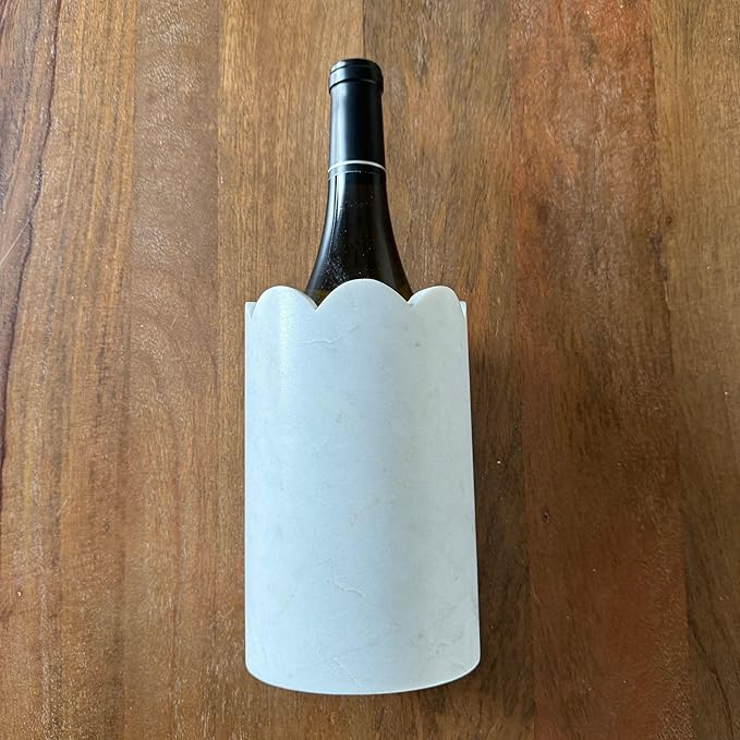 Scalloped Marble Wine Chiller - 750ml Wine Bottle Cooler & Chiller for Party, Bar Cart & Kitchen Decor Keeps Wine & Bottle Cold - Multi-Purpose Marble Utensil Holder for Kitchen Counter