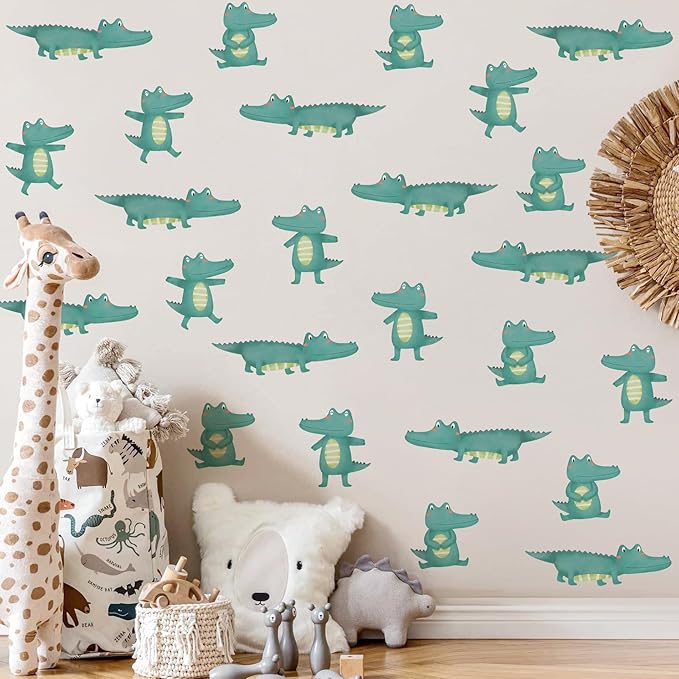 5 Sheets Cartoon Animal Wall Decal Removable DIY Green Small Crocodile Wall Decal Peel and Stick Jungle Animals Wall Stickers Wall Art for Baby Nursery Bedroom Living Room Playroom Decor