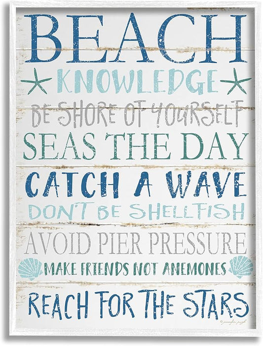 Stupell Industries cwp-367 Beach Knowledge Blue Aqua Planked Look Sign Wall Art, 11 x 14, White Framed