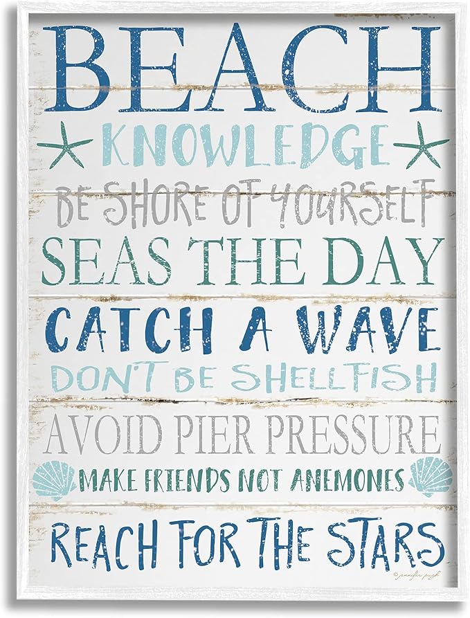 Stupell Industries cwp-367 Beach Knowledge Blue Aqua Planked Look Sign Wall Art, 24 x 30, White Framed