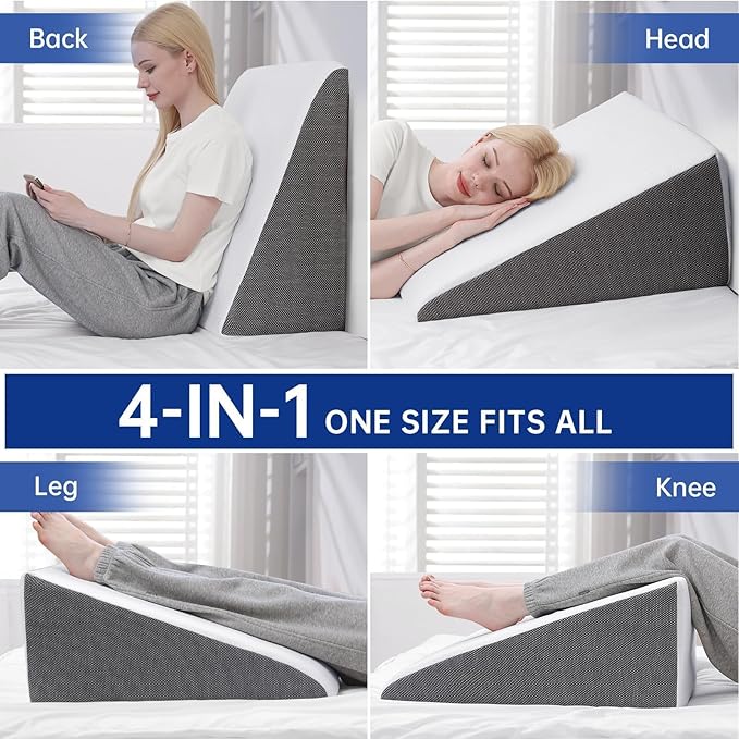 QUINEEHOM Bed Wedge Pillow for Sleeping, 12 Inch Triangle Bed Wedge for Adults, Memory Foam Wedge with Washable Cover, 30 Degree Triangle Pillow Wedge for Acid Reflux, Knee, Snoring