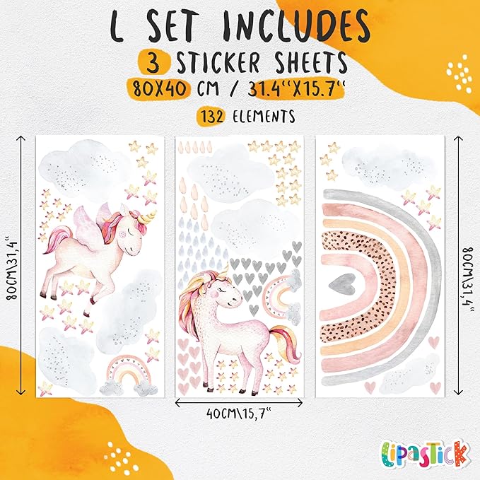 Large Rainbow Wall Decals by Lipastick - 132 pcs Rainbow Wall Stickers - Unicorn Wall Decals for Kids Bedroom Room Nursery – Kids Wall Stickers Cloud Stars Ponies - Waterproof Wall Art Décor L Size
