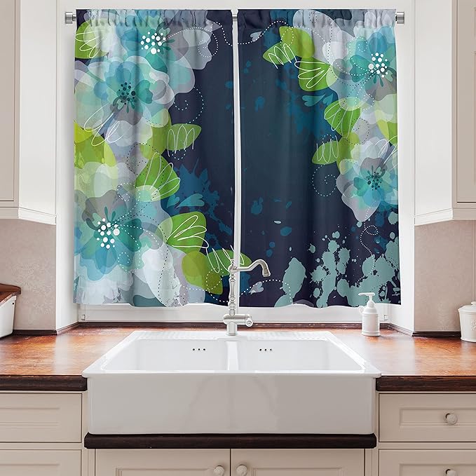 Ambesonne Navy Kitchen Curtains, Sketchy Abstract Blossoms Flowers with Leaves on Grunge Backdrop, Window Drapes 2 Panel Set for Kitchen Cafe Decor, 55" x 39", Green Navy