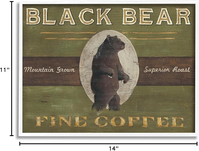 Stupell Industries Black Bear Fine Coffee Rustic Kitchen Mountain Animal, Designed by June Erica Vess White Framed Wall Art, 11 x 14, Green