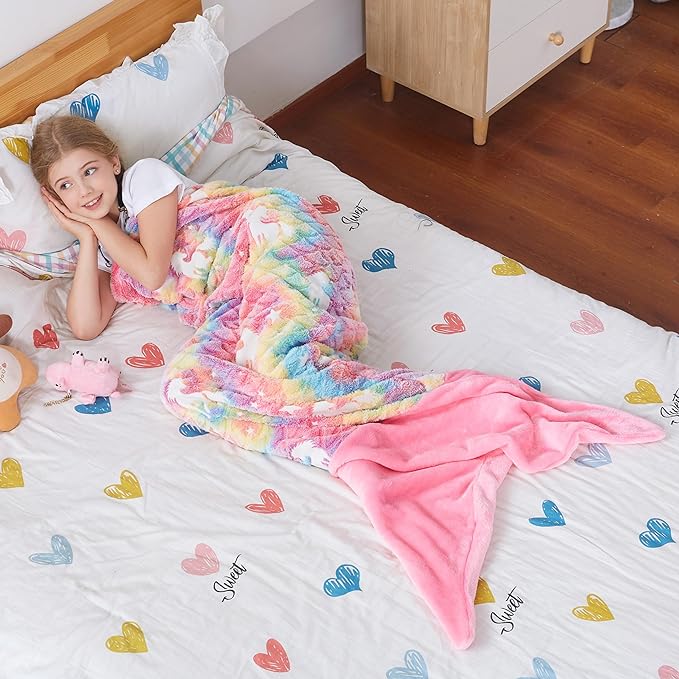 Catalonia Mermaid Tail Blanket for Girls, Glow in The Dark Mermaid Sleeping Bag, Unicorn Pattern, Gift Idea for Kids
