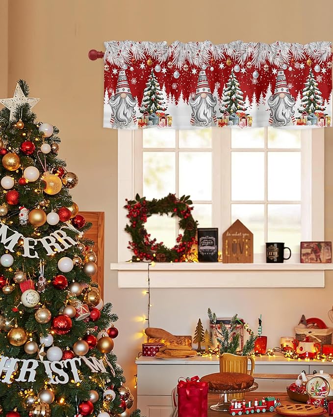 Christmas Gnome Valance Curtains for Kitchen Windows Winter Merry Christmas Tree Balls Rod Pocket Window Treatment Toppers for Kitchen/Living Room/Bedroom/Bathroom, 60" X 18", Red
