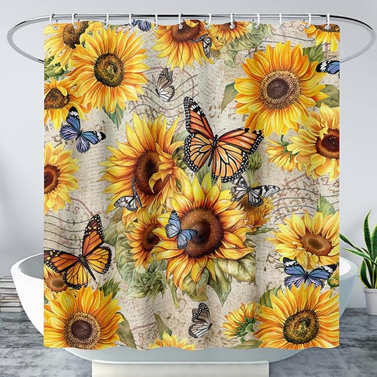AILONEN Girls Sunflower Shower Curtain,Butterfly Sunflower Bath Curtain for Kids Women,Vintage Yellow Flower Decor Bathroom Curtain with 12 Plastic Hooks, 72" W x 78" H