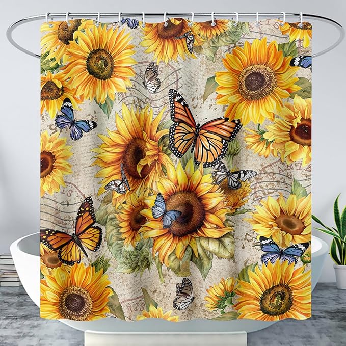 AILONEN Girls Sunflower Shower Curtain,Butterfly Sunflower Bath Curtain for Kids Women,Vintage Yellow Flower Decor Bathroom Curtain with 12 Plastic Hooks, 72" W x 84" H
