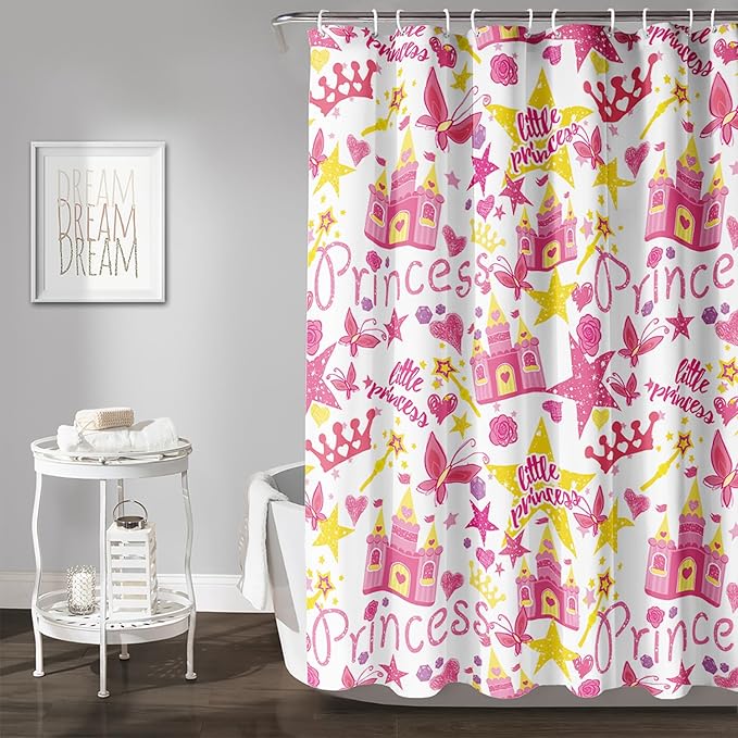 AILONEN Princess Castle Shower Curtain,Cartoon Butterfly and Rose Bathroom Shower Curtain for Girls Boys Kids Teens, 48" W*72" H Pink Glitter Star Theme Bathroom Decor