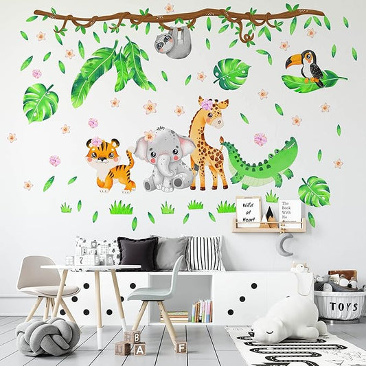 Large Safari Animal Wall Decals for Kids by Lipastick - 142 pcs Jungle Animal Wall Stickers for Kids Baby Girl Boy Room - Creative Nursery Vinyl Wall Decal - Elephant Giraffe Crocodile Parrot XXL Size