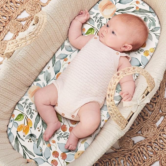 GRSSDER Stretchy Ultra Soft Fitted Bassinet Sheet Set 2 Pack for Girls Universal Fit for Baby Cradle Moses Basket Oval Rectangle Mattress, Watercolor Flowers and Fruits