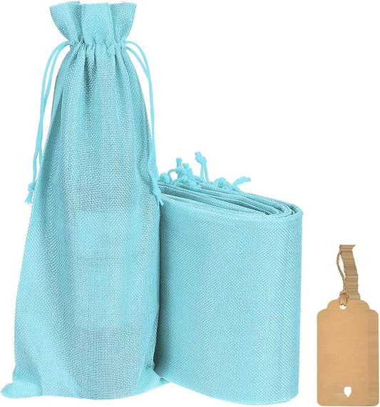 uxcell Burlap Wine Bags with Drawstrings, 12Pcs Wine Gift Bags Reusable Wine Bottle Bags with Ropes and Tags for Wedding, Birthday, Travel (14 x 6.3 In, Light Blue)