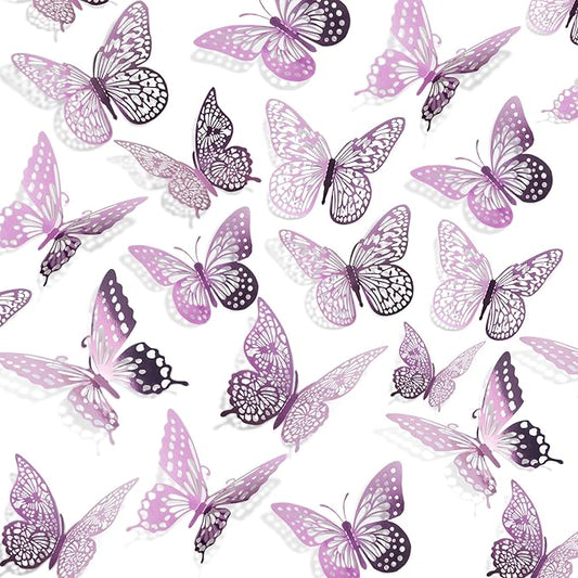 SAOROPEB 3D Butterfly Wall Decor 48 Pcs 4 Styles 3 Sizes, Butterfly Decorations for Butterfly Birthday Decorations Butterfly Party Decorations Cake Decorations, Removable Stickers (Lavender)