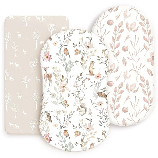 GRSSDER Stretchy Ultra Soft Fitted Bassinet Sheets 3 Pack, Universal Fit for Baby Cradle Moses Basket Oval Rectangle Mattress Safe and Snug, Beautiful Blush Pink Floral Bassinet Sheet for Girls
