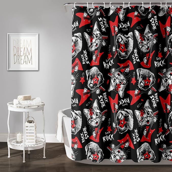 AILONEN Kitten and Puppy Shower Curtain,Rock Kitten Puppy Bath Curtains for Kids Boys Girls,Animal Polyester Waterproof with 12 Plastic Hooks 48" W*72" H