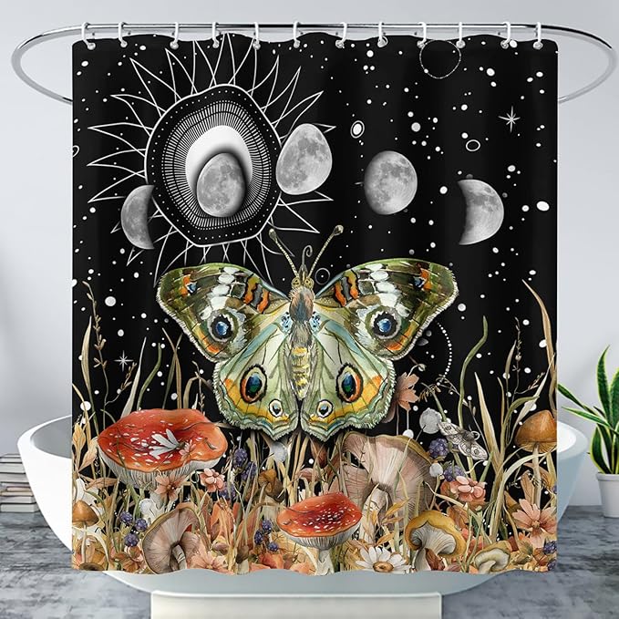 AILONEN Moth Shower Curtain,Sun and Moon Shower Curtain Set for Kids Girls Boys,Boho Natural Mushroom Plants Bath Curtain,Starry Night Bathroom Decor Shower Curtain with 12 Hooks,48" W*72" H