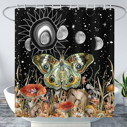 AILONEN Moth Shower Curtain,Sun and Moon Shower Curtain Set for Kids Girls Boys,Boho Natural Mushroom Plants Bath Curtain,Starry Night Bathroom Decor Shower Curtain with 12 Hooks,60" W*72" H