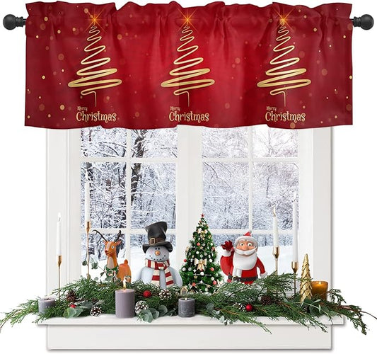 Christmas Tree Valance Curtains for Kitchen Window, Merry Xmas Red Rod Pocket Valances Window Treatments Winter Holiday Decor Short Curtains for Bedroom/Living Room,54" X 18" -1 Panel