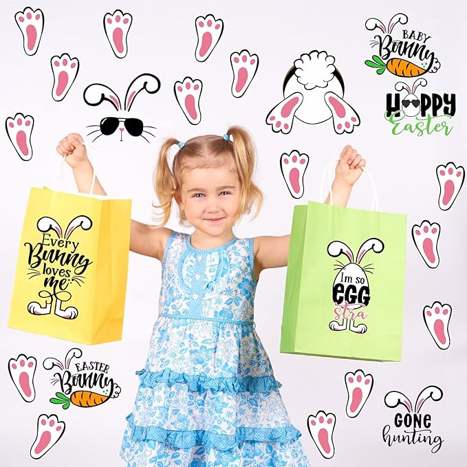 Easter Wall Stickers Easter Bunny Paw Print Stickers Funny Bunny Footprint Stickers Peel and Stick Wall Art Decals Kid Baby Room Easter Decorations Easter Quote Wall Decals for Fridge Window Cling