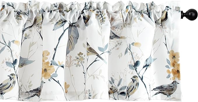 Leeva Kitchen Curtains Valances for Kids Room Porch, Linen Energy Efficient Birds Print Pattern Rod Pocket Small Drapes for Bedroom, 52 x 12, Grey, One Panel