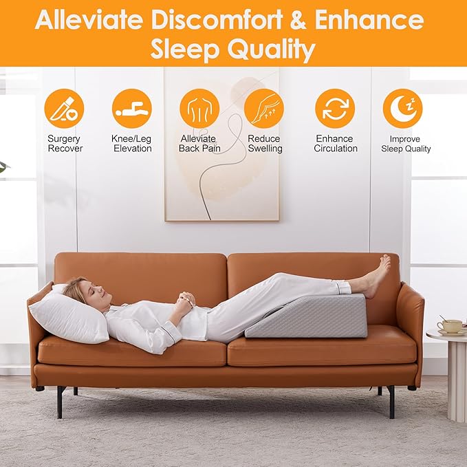 Leg Elevation Pillows for Sleeping, Memory Foam Wedge Pillow for Legs, Knee Wedge Pillow for After Surgery, Swelling, Back Pain and Circulation, Non-Slip Base, Removable Cover (10 Inch, Grey)