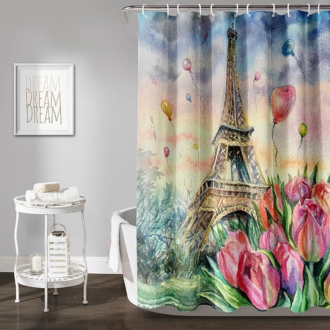 AILONEN Eiffel Tower Shower Curtain,Fantasy Tower Bathroom Fabric Shower Curtain for Girls Kids Teens, 72" W*96" H Flower Balloon Paris Tower Watercolor Theme Bathroom Decor