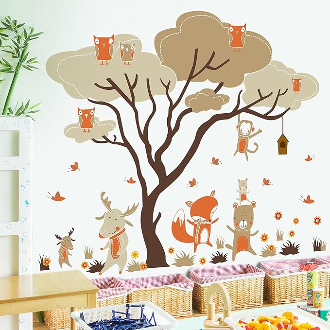 Woodland Animals Large Tree Wall Stickers Fox Deer Monkey Owl Wall Decals Removable DIY Peel and Stick Wall Decor for Kids Baby Bedroom Living Room