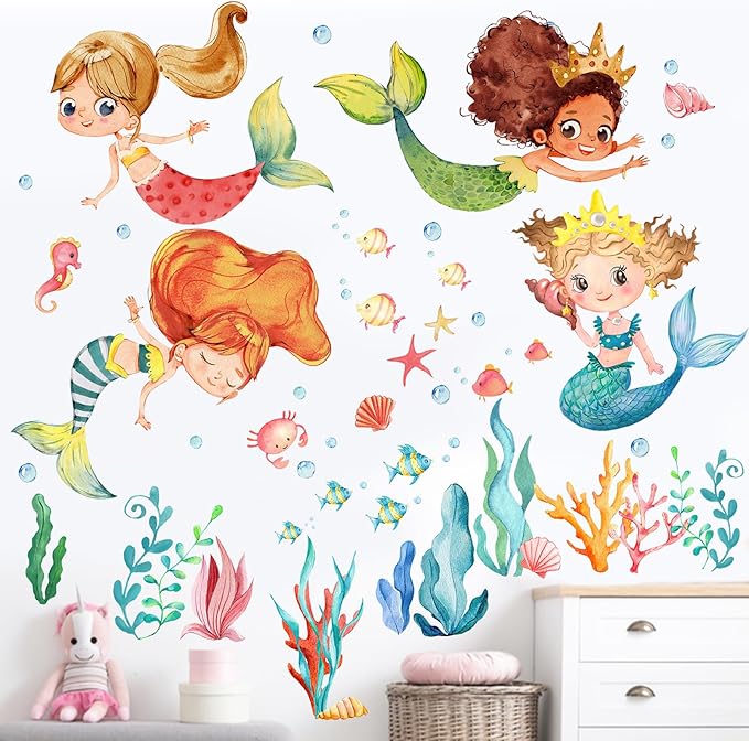 Mfault Multicultural Mermaid Under The Sea Wall Decal Stickers, Ocean Creature Marine Life Seaweed Nursery Decoration Baby Girl Bedroom Playroom Art, Coastal Beach Toddler Kid Room Bathroom Decor