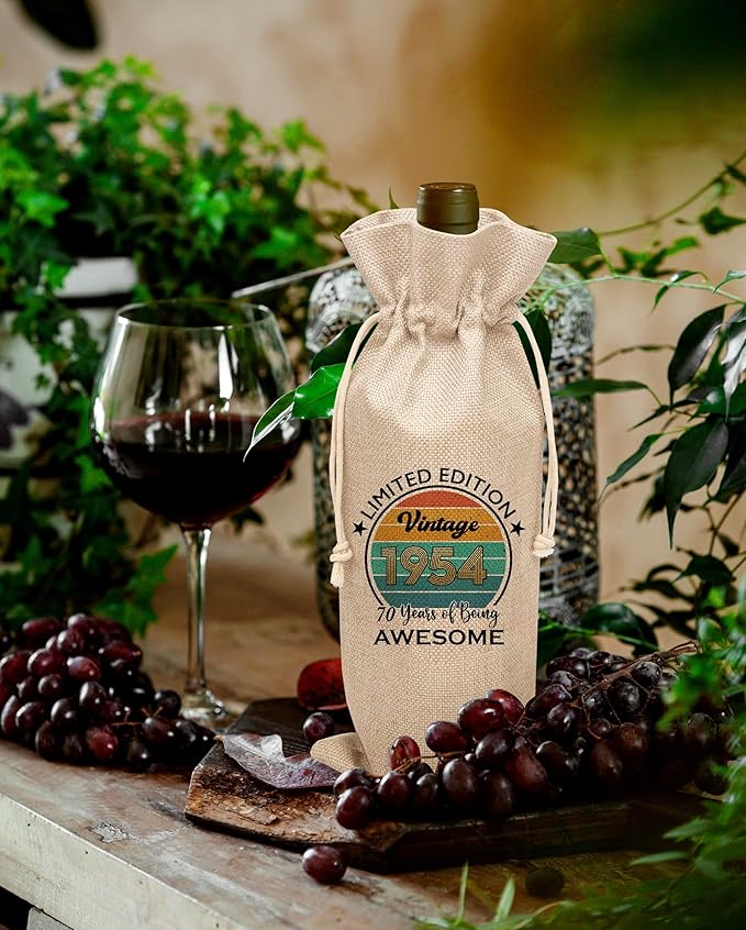 Disfuco 70th Birthday Wine Gift Bag, 1954 Birthday Gift Wine Bag, Burlap Wine Bottle Cover Bag For Women Men, Friends, Daughter, Son, Newphew, Niece, 1 Pc (B06)