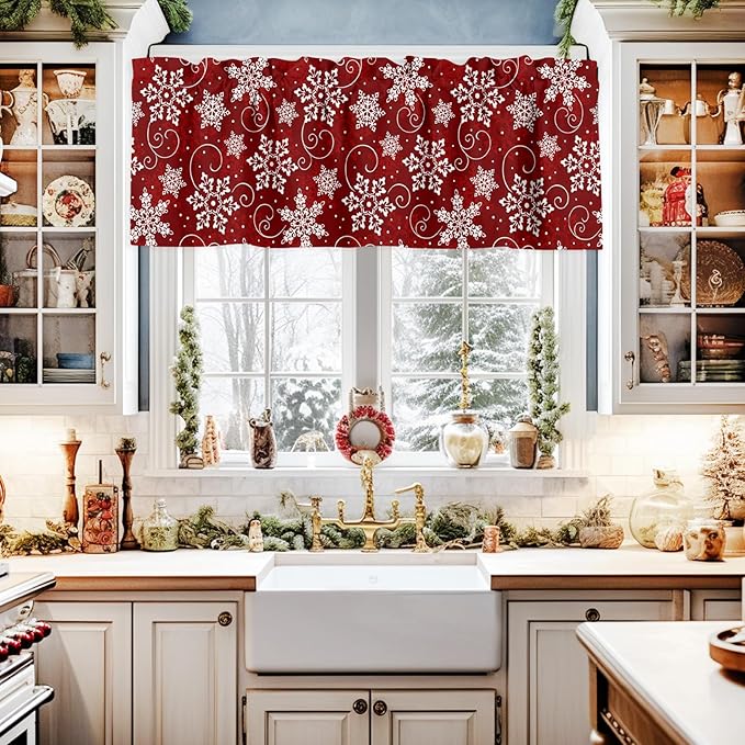 Christmas Valance Curtains for Kitchen Windows Red White Snowflakes Pattern Rod Pocket Window Treatment Toppers for Kitchen/Living Room/Bedroom/Bathroom, 54" X 18", Winter