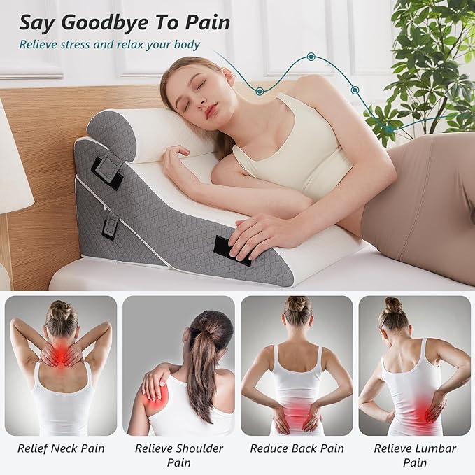 3 PCS Upgraded Bed Wedge Pillow for Sleeping - 35D Post Surgery Pillow for Back Leg Pain Relief - 22" Wide Adjustable Triangle Wedge Pillow Set for Acid Reflux & GERD & Snoring(white grey)