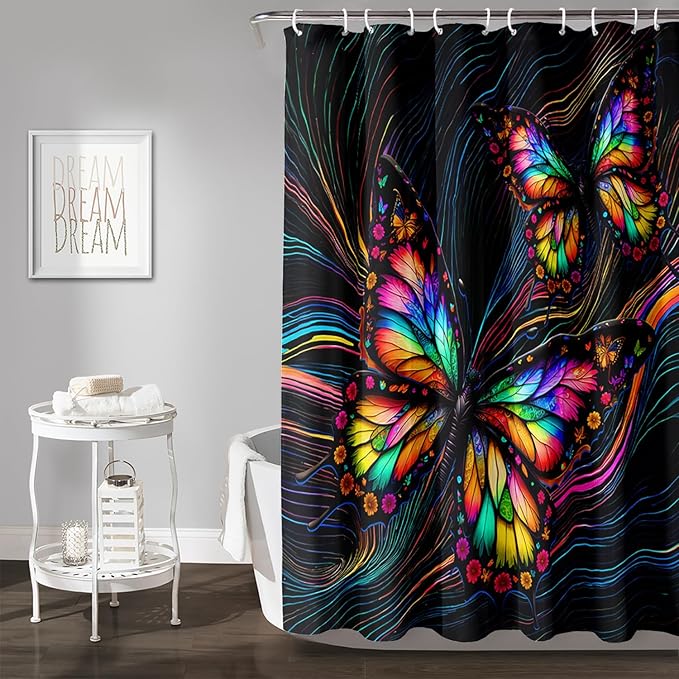 AILONEN Beautiful Butterfly Shower Curtain,Colorful Line Butterfly Bath Curtain for Bathroom for Boys,Girls,Boho Hippie Style Waterproof Fabric Shower Curtain Set with Hooks,72" W*84" H