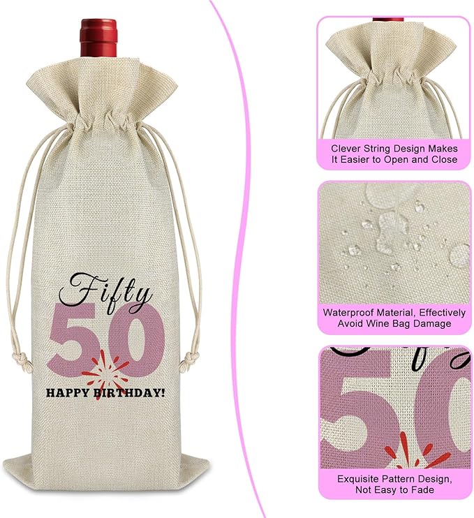 50th Birthday Gift for Women Men Wine Bag Funny 50 Years Old Birthday Gift Drawstring Wine Bottle Bag Turning 50 Gift for Mom Father Friend Burlap Wine Wrap Bag Fifty Birthday Gift Wine Gift Bag