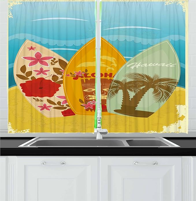 Ambesonne Tiki Bar Kitchen Curtains, Hawaiian Beach Surfboards on The Sand Exotic Summer Vacation Sport Vintage Style, Window Drapes 2 Panel Set for Kitchen Cafe Decor, 55" x 24", Blue Mustard