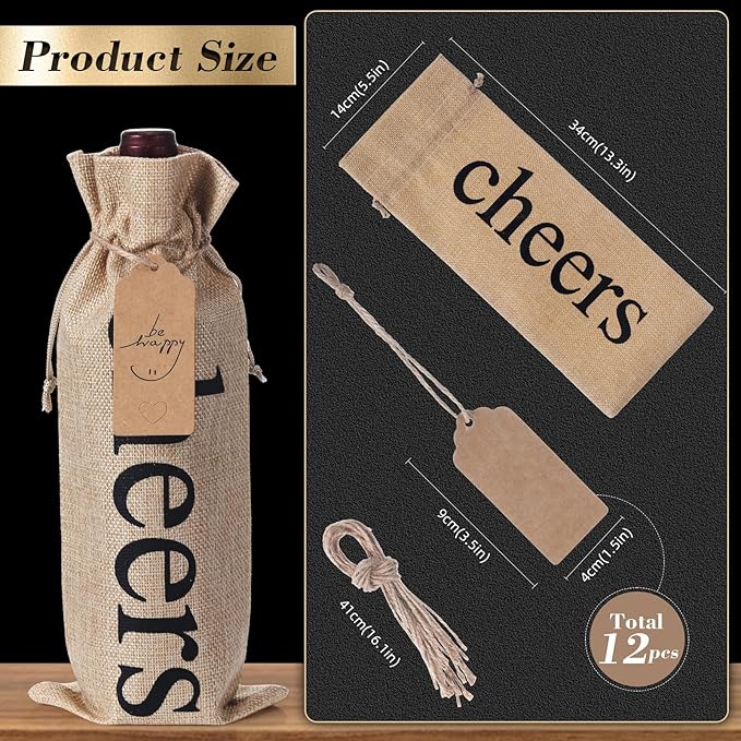 SIRIPHUM Burlap Wine Bags and Gift Tags, Wine Bottle Gift Bags with Drawstrings,Wine Bags Gift for Travel, Wedding, Holiday Party,Birthdays,Housewarming and Dinner Party (Natural-12PCS)