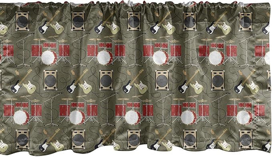 Ambesonne Music Window Valance, Rock and Roll Theme with Electric Guitars Drums and Amplifiers Melody Audio, Curtain Valance for Kitchen Bedroom Decor with Rod Pocket, 54" X 18", Army Green and Red