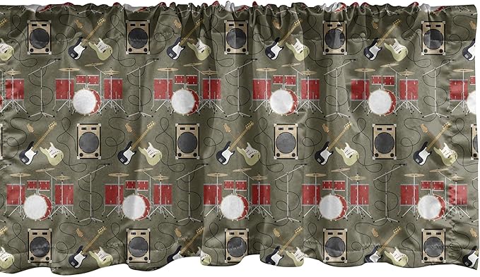 Ambesonne Music Window Valance, Rock and Roll Theme with Electric Guitars Drums and Amplifiers Melody Audio, Curtain Valance for Kitchen Bedroom Decor with Rod Pocket, 54" X 12", Army Green and Red