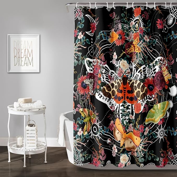 AILONEN Death Moth Shower Curtain,Sun Moon Shower Curtain Set for Kids Girls Boys,Boho Natural Plants Bathroom Decor Shower Curtain with 12 Hooks,72" W*96" H