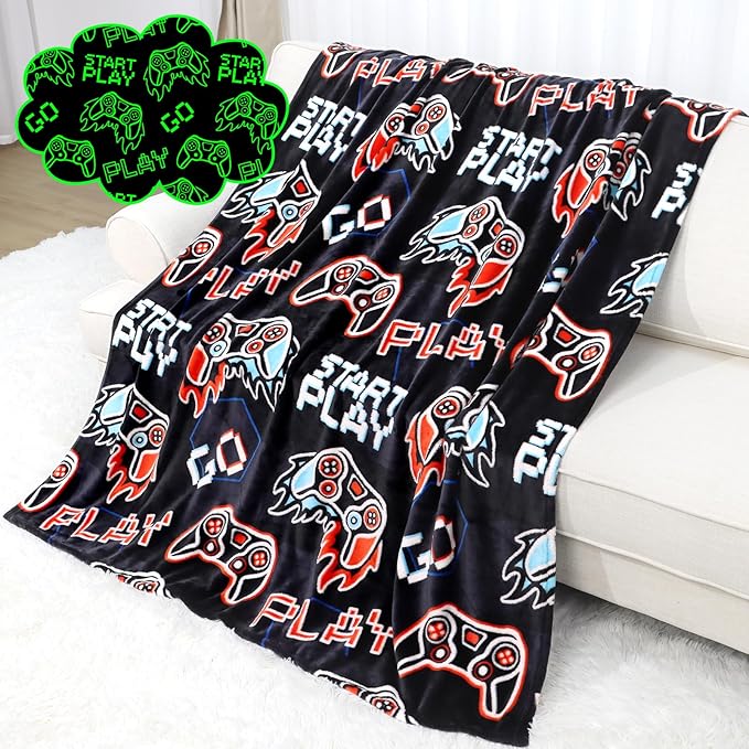 Glow in The Dark Video Gaming Blanket Soft Fuzzy Gamer Throw Blanket Boys Room Decor Game Gifts for Men Teens Couch Sofa Bedroom