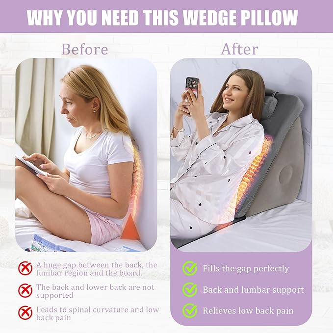 HOMBYS Inflatable Wedge Pillow with Foam Backrest Pillow & Headrest, Adjustable Angle, Soft Headboard for Adult, Elderly, Pregnant Resting & Reading, Foldable & Poratable, Pump Include