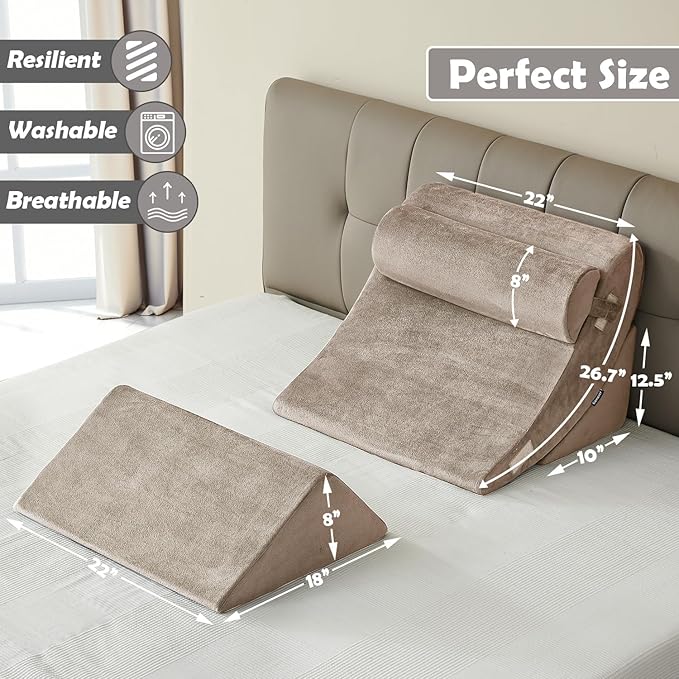 Ganaver 4 Pcs Orthopedic Bed Wedge Pillow Set – Post Surgery, Relaxing, Back & Adjustable Head Support Cushion – Triangle Memory Foam Pillow for Acid Reflux, Sleeping, Reading (Light Brown)