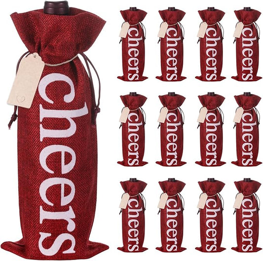 SIRIPHUM Burlap Wine Bags and Gift Tags, Wine Bottle Gift Bags with Drawstrings,Wine Bags Gift for Travel, Wedding, Holiday Party,Birthdays,Housewarming and Dinner Party (Red-12PCS)