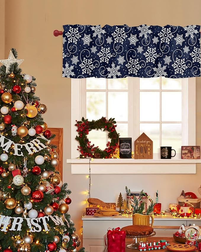Christmas Valance Curtains for Kitchen Windows White Navy Snowflakes Pattern Rod Pocket Window Treatment Toppers for Kitchen/Living Room/Bedroom/Bathroom, 54" X 18", Winter