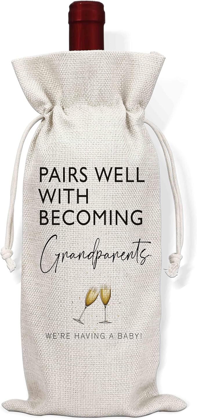 Pairs Well With Becoming Grandparents Gift Wine Bags, Personalized Burlap Wine Bottle Cover Bag for Pregnancy Announcement, New Grandpa Grandma New Baby, Wine Favor Bag Gift Party Decorations-L12